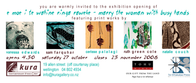 Kura Gallery Maori New Zealand Prints Sam Farquhar Vanessa Edwards Natalie Couch Ruth Green Cole Cerisse Palalagi Exhibition