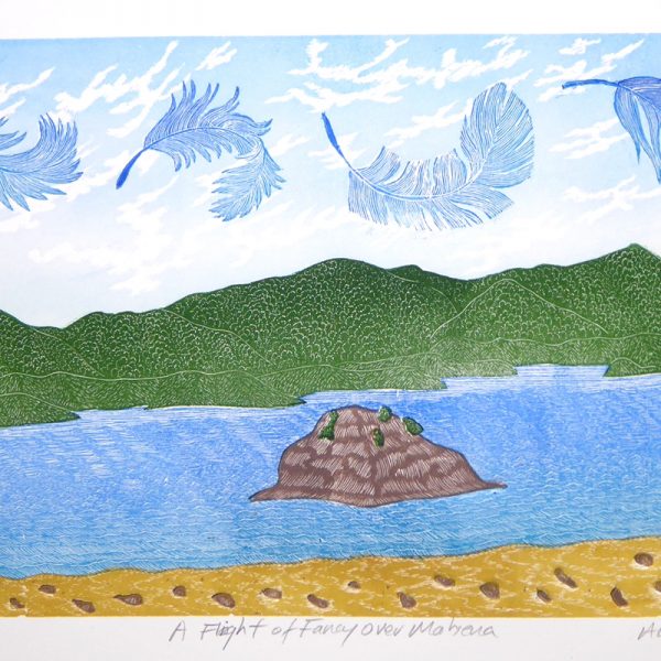 Colourful print of a coastal scene called 'Flight of Fancy' by Allan Gale