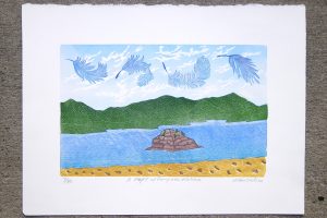 Colourful print of a coastal scene called 'Flight of Fancy' by Allan Gale