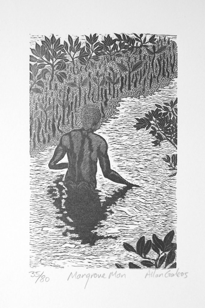 Black & white print of a man wading in mangrove swamp by Allan Gale