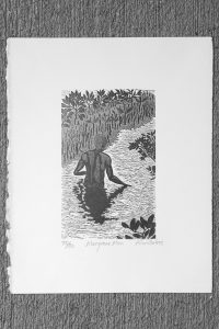 Black & white print of a man wading in mangrove swamp by Allan Gale
