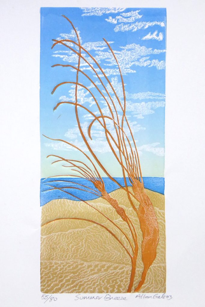 Colourful print of a beach scene, called 'Summer Breeze', by Allan Gale