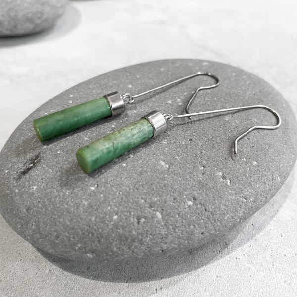 NZ Greenstone and silver Tube earrings