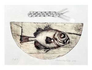 Art print with fish and flax weaving by Andrea Mae Miller.