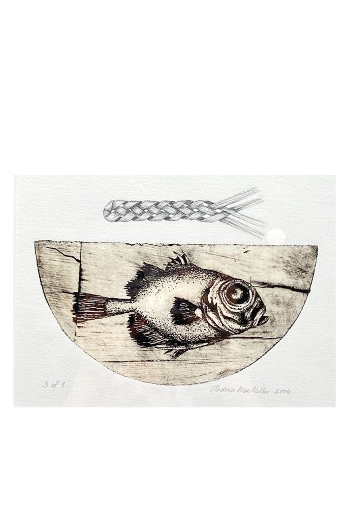 Art print with fish and flax weaving by Andrea Mae Miller.