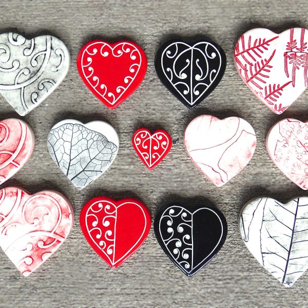 Ceramic red, black and white hearts by Borrowed Earth from Kura Gallery