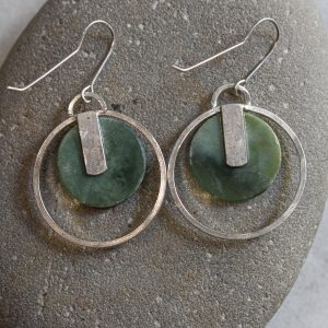 NZ Greenstone Disk Earrings With Large Silver Rounds