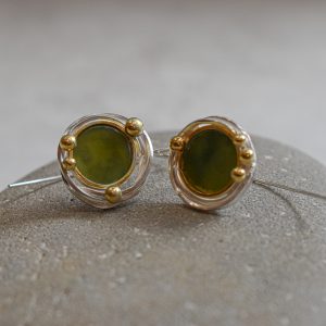 NZ Greenstone, Silver, Gold Birds Nest Earrings