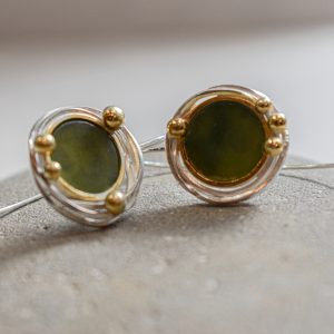 NZ Greenstone, Silver, Gold Birds Nest Earrings
