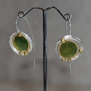 NZ Greenstone, Silver, Gold Birds Nest Earrings