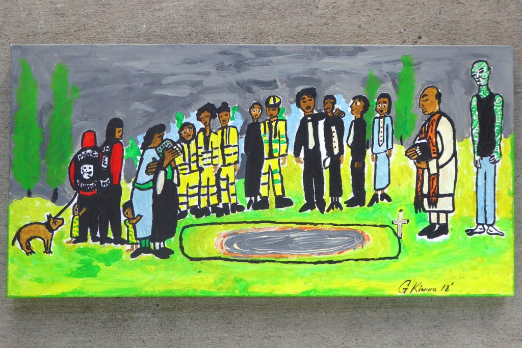 Brightly coloured painting called 'The Cost of Domestic Violence' by George Kiwara