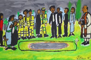 Brightly coloured painting called 'The Cost of Domestic Violence' by George Kiwara
