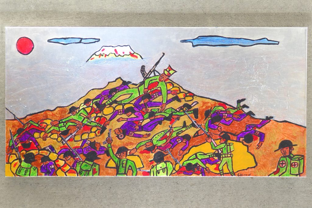 Brightly coloured painting called 'The Death of Ngarimu' by George Kiwara