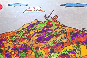 Brightly coloured painting called 'The Death of Ngarimu' by George Kiwara