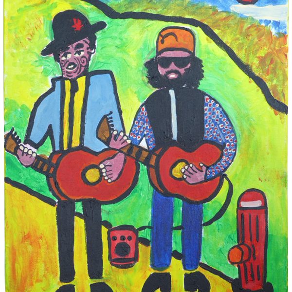 Brightly coloured painting called 'Busking In The Park' by George Kiwara