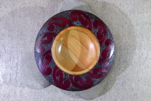NZ rimu carved bowl with red edge by Hugh Mill