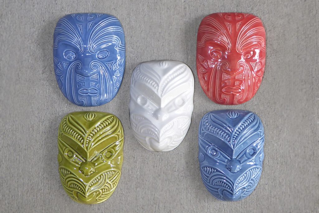 Ceramic maori wheku & masks by Michael Matchitt