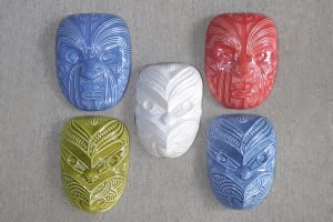 Ceramic maori wheku & masks by Michael Matchitt
