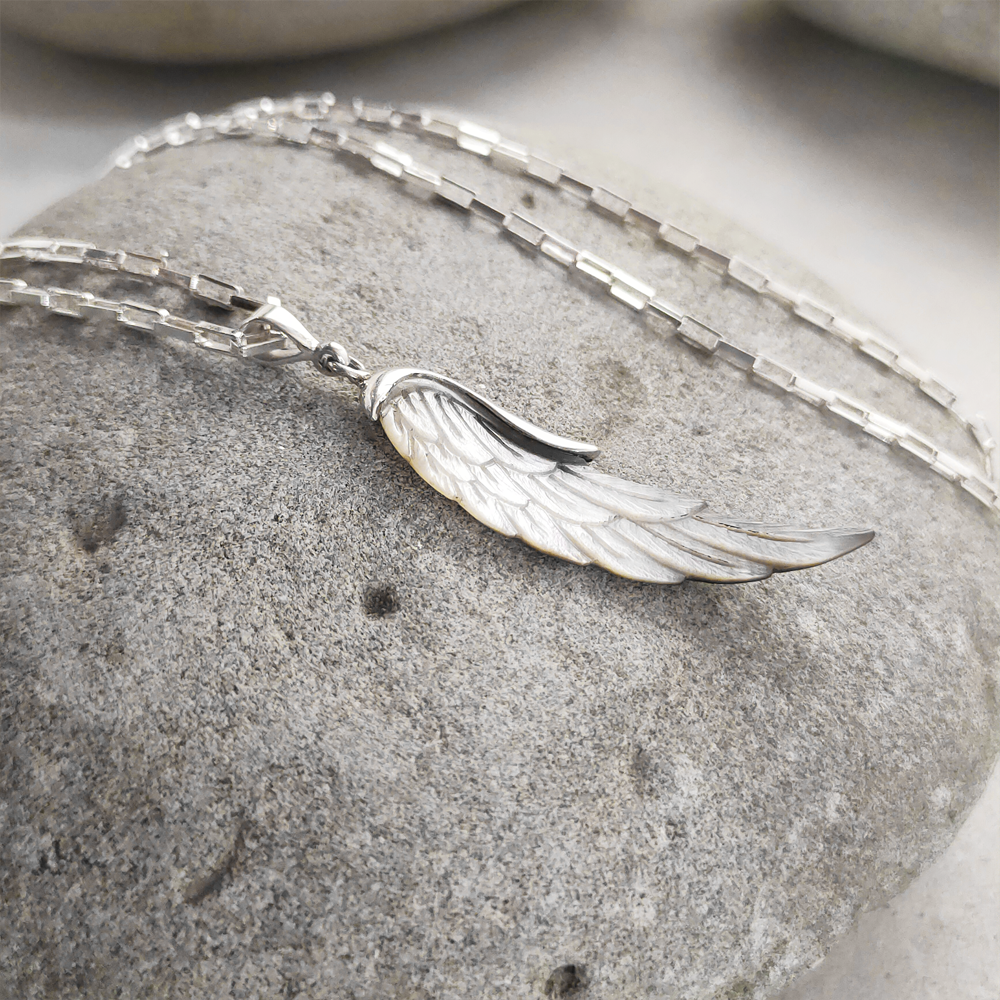 MOP and silver angel wing charm necklace