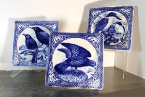 Square ceramic plates with NZ birds in blue