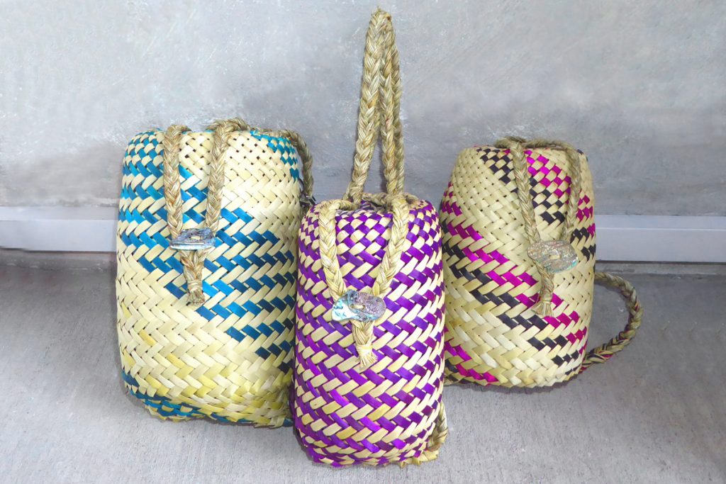 Flax woven pikau or backpacks, by Riperata McMath
