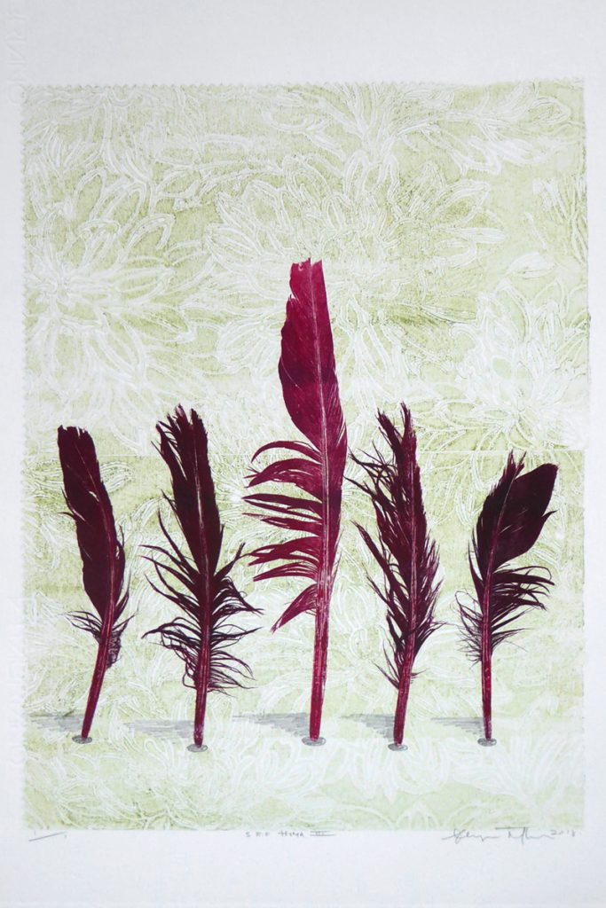 Print of five red feathers by Sheyne Tuffery