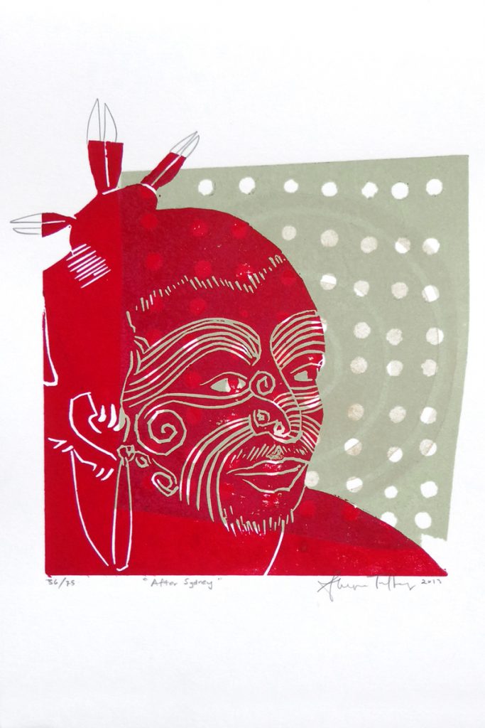 Red & green print of a tattooed maori tane or man by Sheyne Tuffery