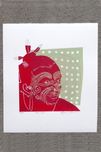 Red & green print of a tattooed maori tane or man by Sheyne Tuffery