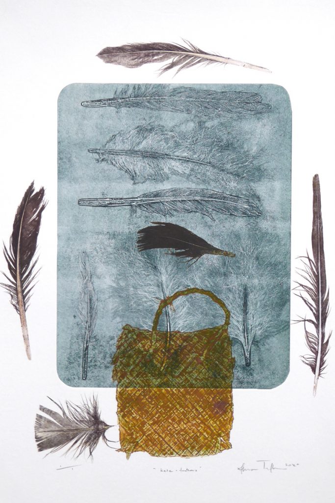 Print of a kete (basket) with feathers by Sheyne Tuffery