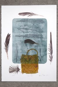 Print of a kete (basket) with feathers by Sheyne Tuffery