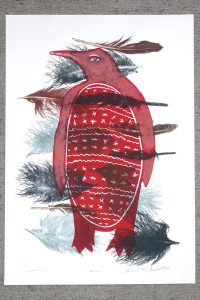 Woodblock print of a red penguin with feathers by Sheyne Tuffery