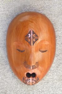 Carved wood mask with maori tattoo/moko by Thomas Hansen
